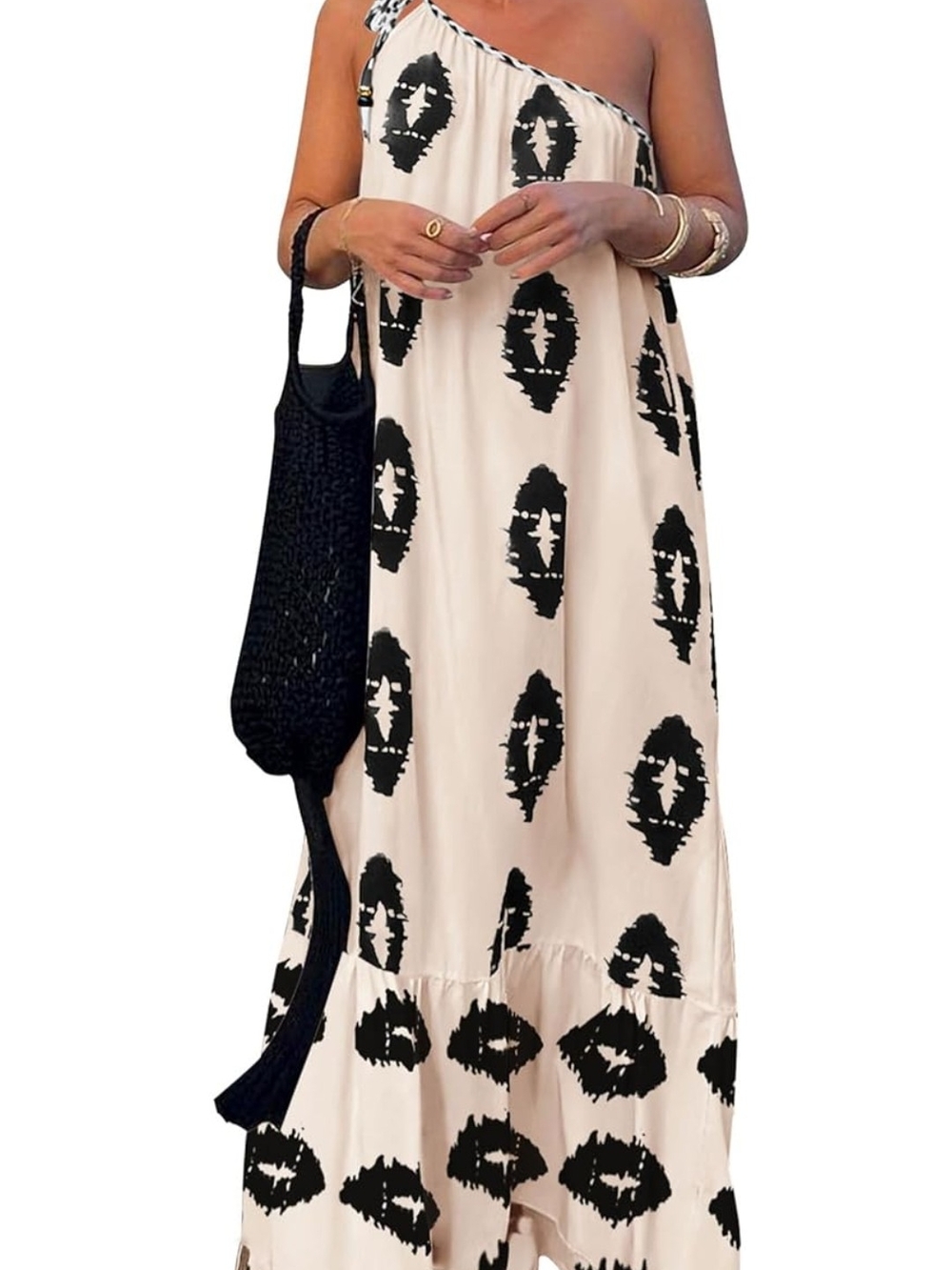 Amazon One-Shoulder Cream Maxi Dress with Black Ikat Motif